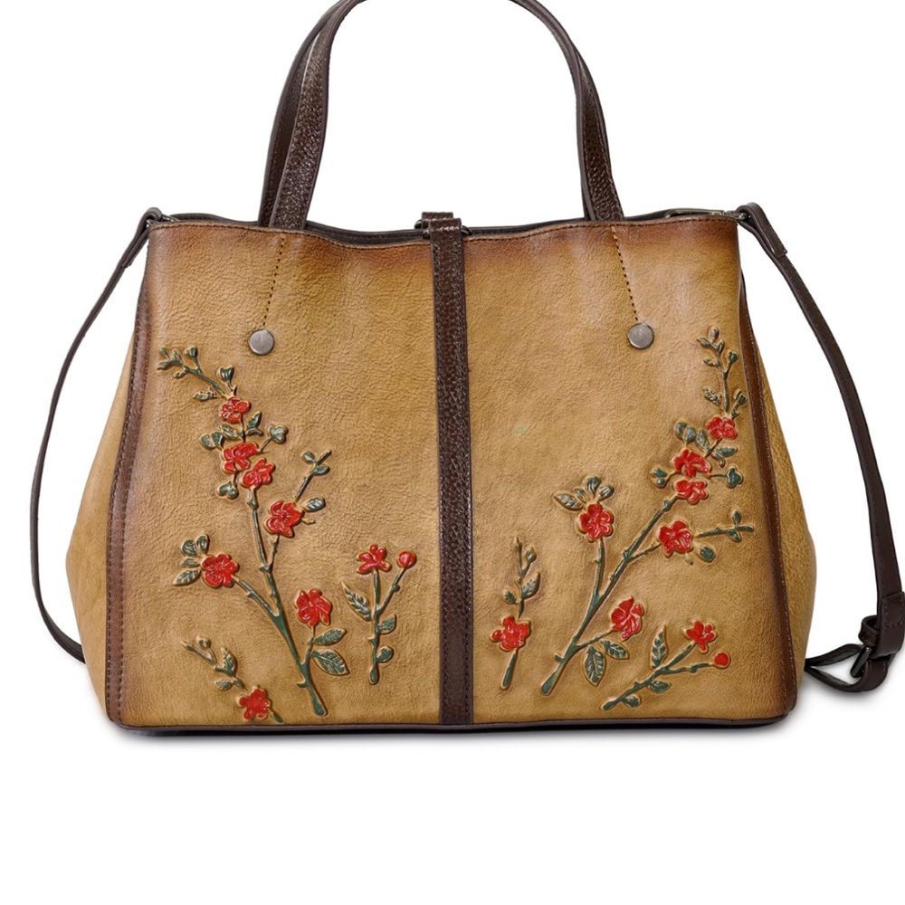 NWOT Floral Embossed Leather Tan Handbag